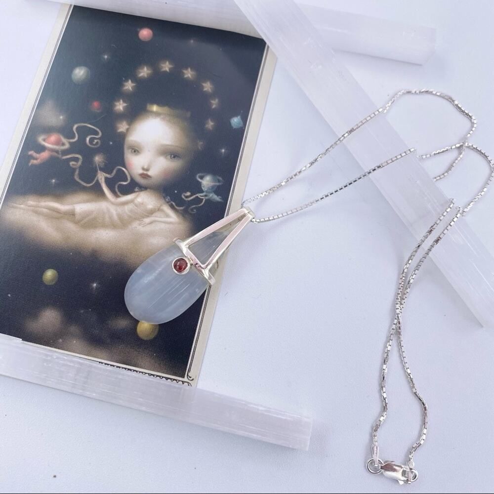 Selenite And Garnet Pendant on Diamond Cut Box Chain